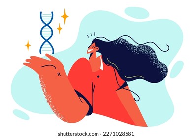 Empleada femenina del laboratorio genético sostiene una espiral de ADN invitando a realizar análisis para la investigación del genoma. Concepto de ingeniería del ADN y el ADN y secuenciación de la cadena genética en el laboratorio de investigación 