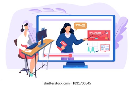 Female employee in headphones is sitting at the desk and working on the computer while looking at the monitor. Monitor with video and woman pointing at triangle with text stands in background