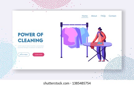 Female Employee in Laundry Service Working Process of Steaming and Ironing Clean Clothes. Woman Holding Iron to Dry Clothing. Website Landing Page, Web Page. Cartoon Flat Vector Illustration, Banner