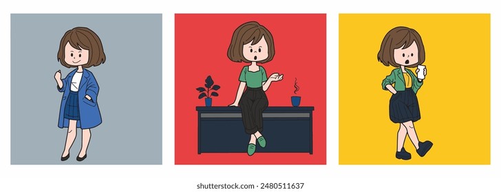 Female employee, lovely, hand drawn, company employee, illustration, work, vector