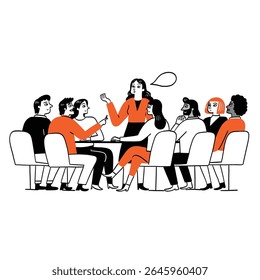 Uma funcionária ou oficial está explicando para seu colega de trabalho. Ilustração vetorial desenhada à mão.