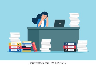 Female employee overwork in office vector illustration. Manager sitting at computer desk with stack of documents in mess and deadline tasks holding hand on head flat design