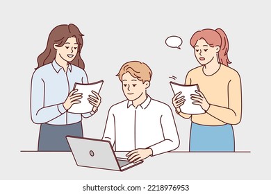 Female employee with paperwork stand near male boss or CEO in office. Businesspeople cooperate at table at workplace using computer. Teamwork. Vector illustration. 