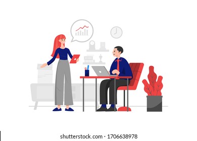 A female employee is reading financial statements for the director in the office. svg