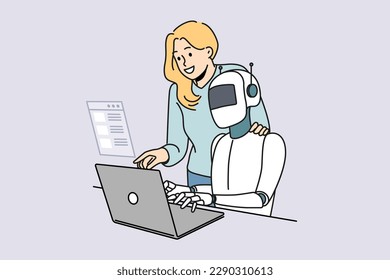 Female employee and robotic assistant work together on computer. Robot tester search program bugs and mistakes in software on laptop. QA concept. Vector illustration. 