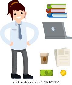 Female employee in shirt and tie. Office woman and set of objects. Cute character. Joyful girl. Cartoon flat illustration. Books, laptop, coffee and document file, cash and money