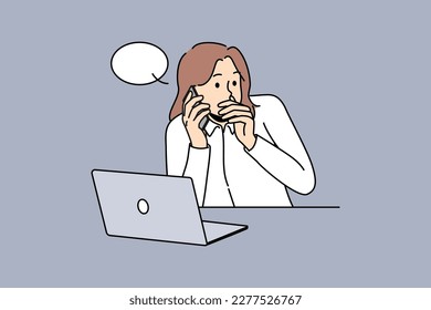 Female employee sit at desk work on laptop leak company information to rival. Businesswoman share confidential data to competitor on phone. Vector illustration. 