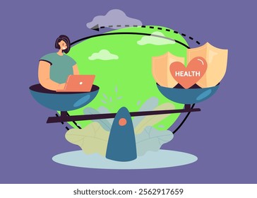 Female employee in stress doing work and health on unbalanced scales. Health care and work conflict flat vector illustration. Work and life balance, imbalance comparison, healthy lifestyle concept