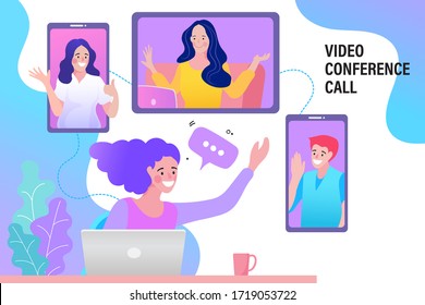 female employee talk on video call with multiracial coworkers engaged in online briefing from home. businesswoman speak using Webcam conference on laptop with diverse colleagues.