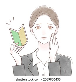 A female employee with a troubled expression with a beginner mark. On a white background. Simple and cute design.