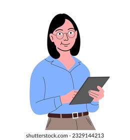 Female Employee Using Tablet in the Office Isolated Background Flat Design Style