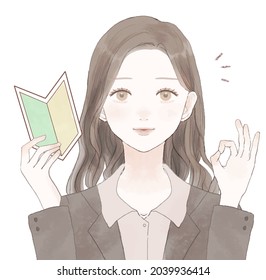 A female employee who has a beginner mark and issues an OK sign. On a white background. Simple and cute design.