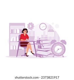 A female employee who is very busy with work documents that must be completed on time. Deadline concept. Trend Modern vector flat illustration