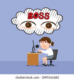  Female employee at work is working under the big eyes of the boss is watching, Illustration vector cartoon
