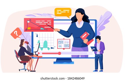 Female employee is working at a computer and drinking from a mug while the man is standing and working on a laptop. A woman on the screen points to a triangle. Image of the dynamics of the graph