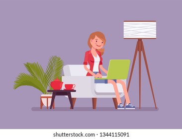 Female employee working from home. Happy freelance worker, self-employed in comfortable remote location workspace, homeworking, career in telecommuting jobs. Vector flat style cartoon illustration