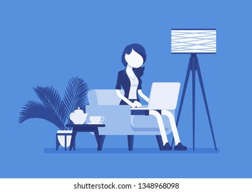 Female employee working from home. Happy freelance worker, self-employed in comfortable remote location workspace, homeworking, career in telecommuting jobs. Vector illustration, faceless characters