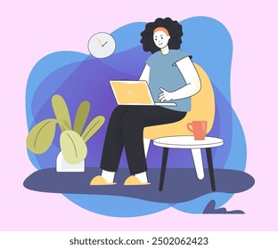 Female employee working remotely at home. Woman sitting in armchair near table with coffee cup and using laptop flat vector illustration. Remote work, freelance concept