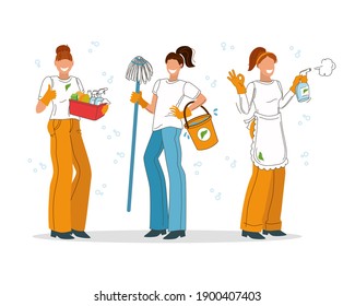 Female employees of a cleaning company on a white background. Housekeepers. Vector illustration.