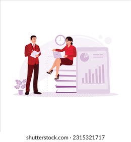 Female employees explaining charts in front of male business partners, discussing crucial matters. Trend modern vector flat illustration.