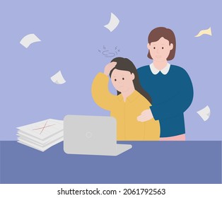 Female employees who are suffering from overdue work and fellow employees who encourage them illustration set. paper, campaign, report, desk, office. Vector drawing. Hand drawn style.