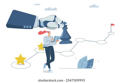Funcionárias trabalham em conjunto com inteligência artificial, IA, Linha do tempo de ideias sobre como superar problemas, Processo de planejamento estratégico, Usando robôs para planejar etapas no progresso de um projeto.
