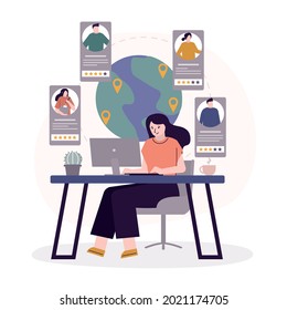 Female employer searching and hiring workers for company. Search employee through internet. Online recruitment staff and cv resume concept. World map with global connections. Flat vector illustration