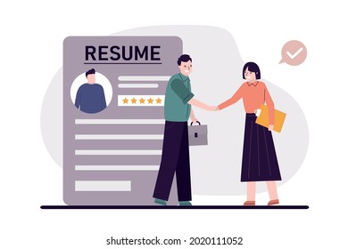 Female employers hired man in company based on rating. Searching and recruiting workers. HR specialists choosing best candidate for job. Recruitment staff and cv resume concept. Vector illustration