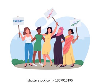 Female empowerment 2D vector web banner, poster. Women rights. Racial equality achievement. Progressive movement flat characters on cartoon background. Revolution girl-style scene