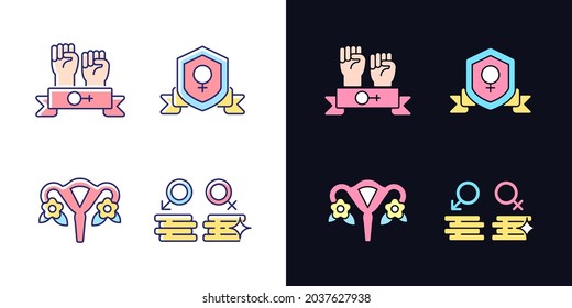 Female empowerment light and dark theme RGB color icons set. Women community. Advancing gender equality. Isolated vector illustrations on white and black space. Simple filled line drawings pack