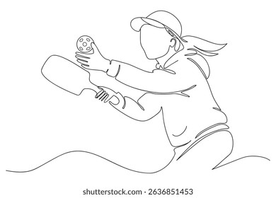 Female energetic young woman pickleball player silhouette in continuous one line drawing isolated on white background. Young woman one line