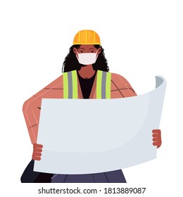 female engineer architect with blueprint wearing mask to prevent coronavirus pandemic labor day celebration concept portrait isolated vector illustration