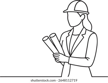 Engenheira ou Arquiteta Feminina Holding Blueprints - Mulher Profissional em Hard Hat Line Art