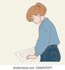 Female engineer, architect working on blueprint. Hand drawn flat cartoon character vector illustration.