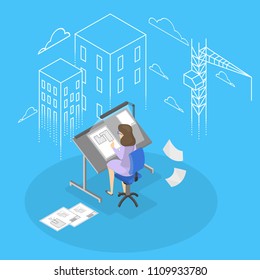Female engineer and architecturer sitting and drawing blueprint.