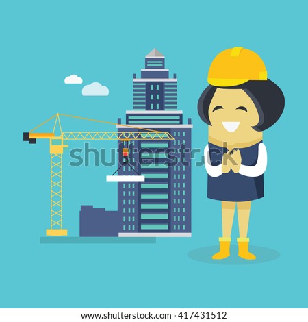Female engineer and a building construction. Young successful happy architect woman superintendent in a helmet. Construction of a new house or sovremennog business ofice. Vector illustration