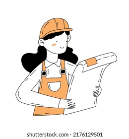 Carácter ingeniero femenino con ilustración de esquema dibujada a mano en forma de doodle aislado en blanco para concepto de día ingeniero.