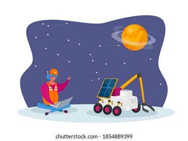 Female Engineer Character Control Rover Moving on Alien Planet Surface. Outer Space Exploration, Galaxy Research and Colonization Concept. Astronomy, Scientist Explore. Cartoon Vector Illustration