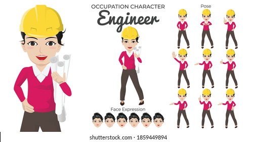Female Engineer Character Set with Variety of Pose and Face Expression