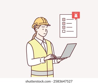 female engineer checks the program and discovers an error. Hand drawn style vector design illustrations.