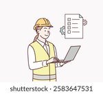 female engineer checks the program. Hand drawn style vector design illustrations.