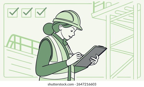 Female engineer conducts construction site inspection, marking checklist items, amidst industrial background. Concept of safety and progress.