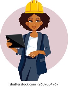 
Female Engineer with Hard Hat and Tablet Vector Illustration. happy architect using digital technology at her workplace 
