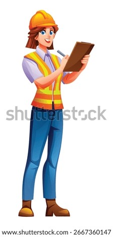 Female engineer with a hardhat and reflective vest writing on a clipboard with a pencil. Vector cartoon character illustration