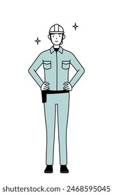 Female engineer in helmet and work wear with her hands on her hips, Vector Illustration