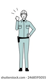 Female engineer in helmet and work wear posing with guts, Vector Illustration