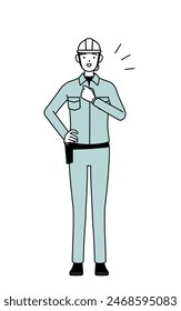 Female engineer in helmet and work wear tapping her chest, Vector Illustration