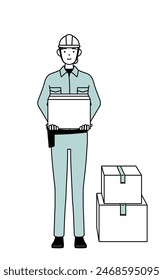Female engineer in helmet and work wear working to carry cardboard boxes, Vector Illustration