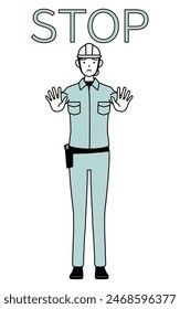 Female engineer in helmet and work wear with her hands out in front of her body, signaling a stop, Vector Illustration