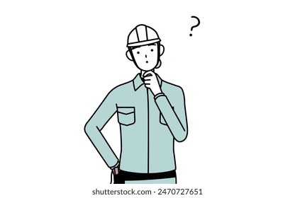 Female engineer in helmet and work wear nodding her head in question, Vector Illustration